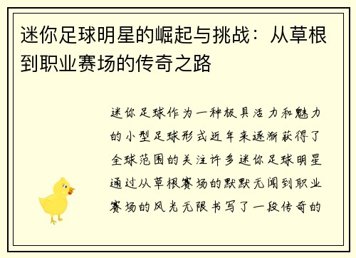 迷你足球明星的崛起与挑战：从草根到职业赛场的传奇之路